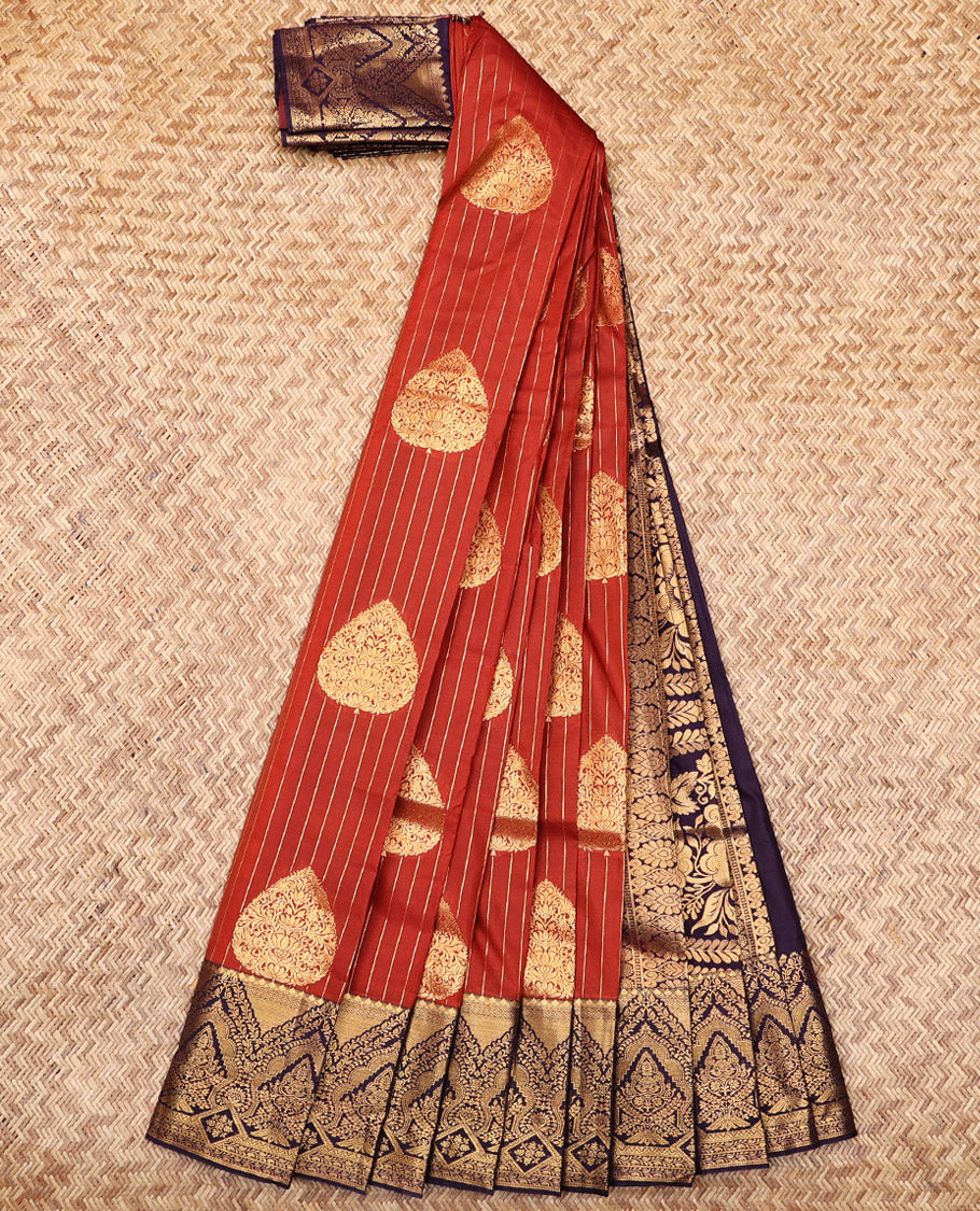 Rust Budget Silk Saree, Detailed with Zari Buttas and Stripes, Complemented by a Contrast Traditional Zari Border, Intricate Pallu, and a Contrast Blouse