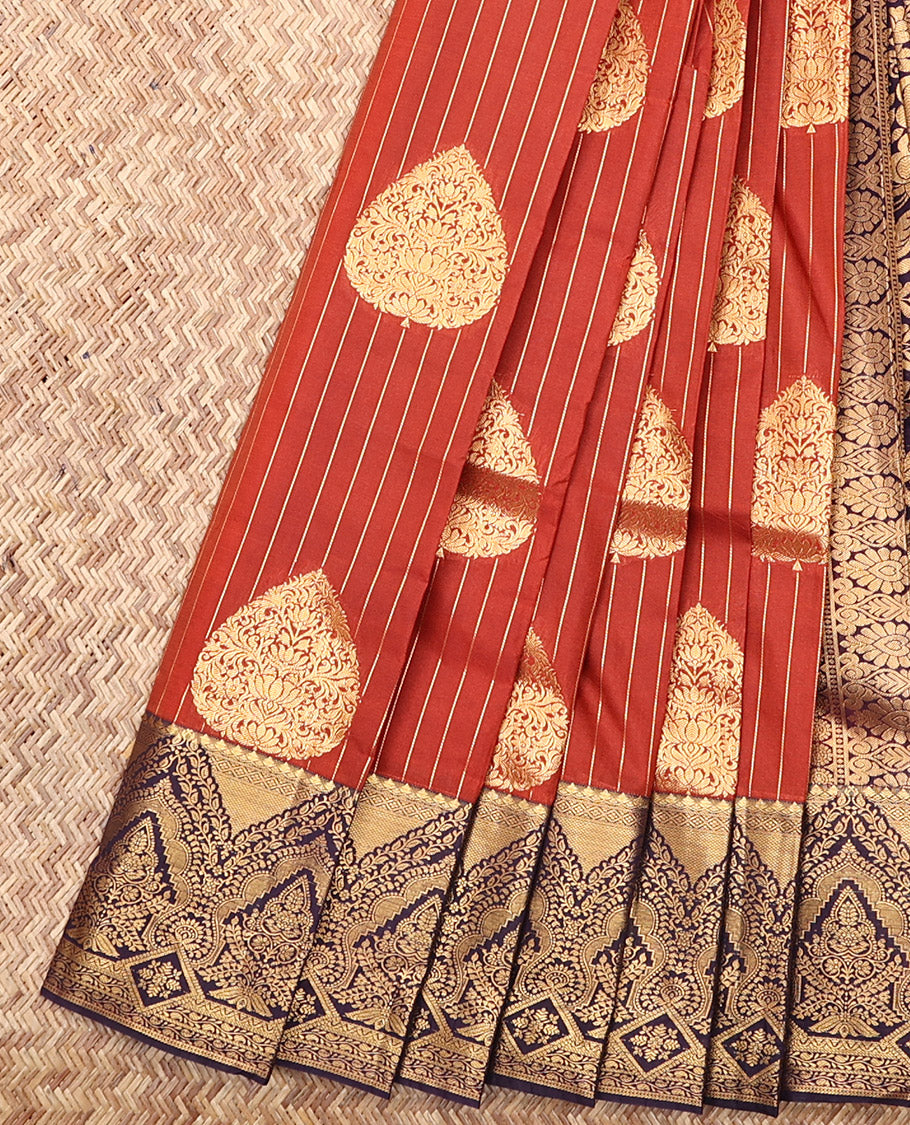 Rust Budget Silk Saree, Detailed with Zari Buttas and Stripes, Complemented by a Contrast Traditional Zari Border, Intricate Pallu, and a Contrast Blouse