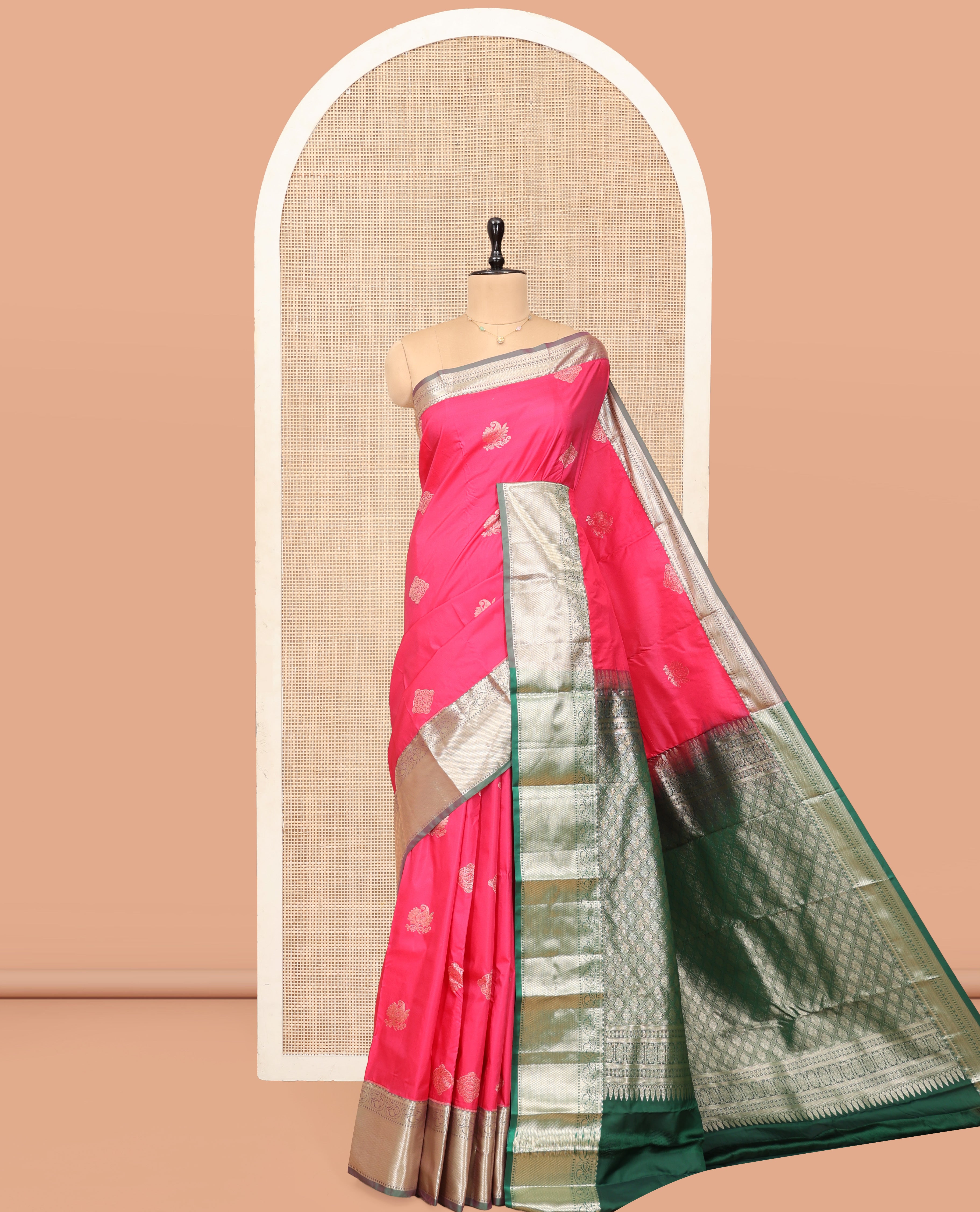 Pink Budget Silk Saree, Embellished with Zari Buttas, Complemented by a Contrast Traditional Zari Border, Jaal Pallu, and Contrast Blouse