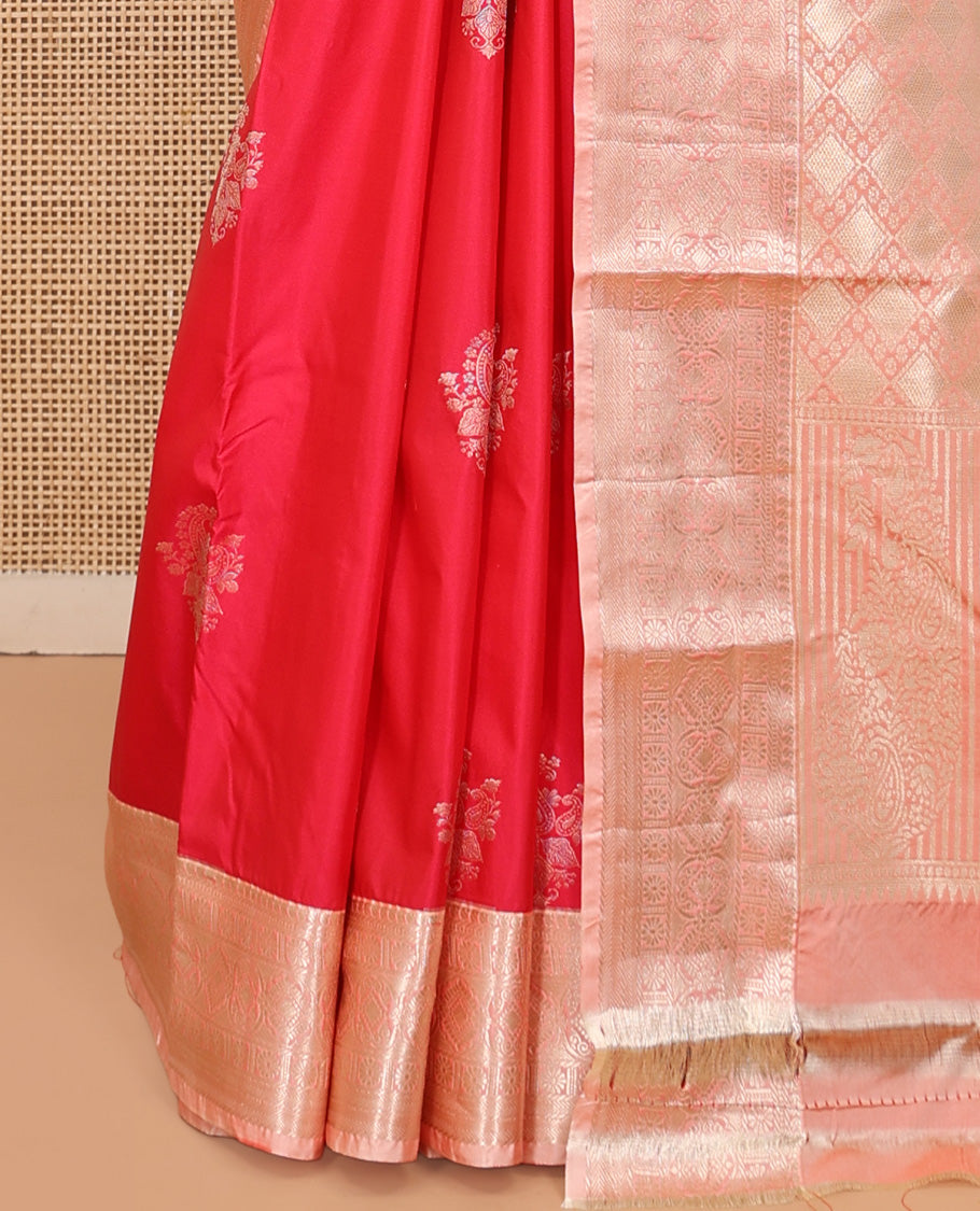Red Budget Silk Saree, Spotlighted with Zari Buttas, Complemented by a Contrast Traditional Zari Border, Pallu of Jaal and Paisleys, and Contrast Blouse