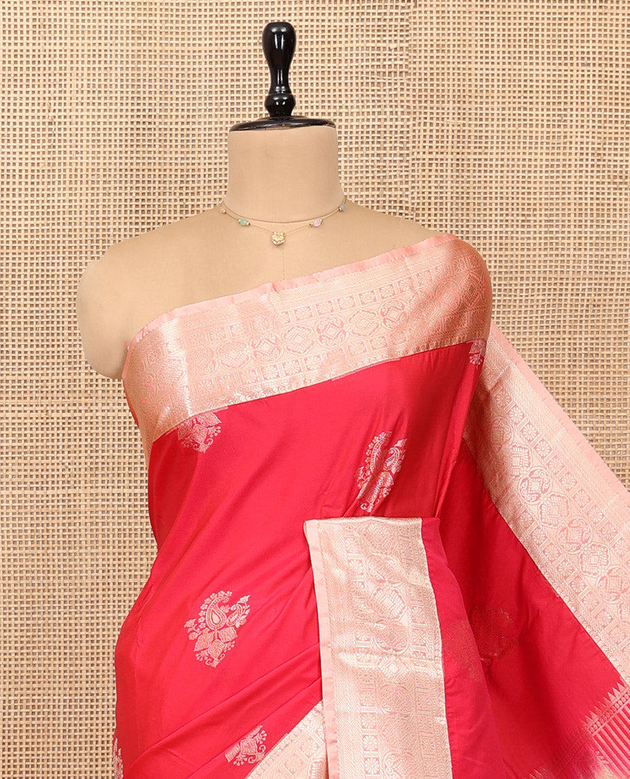 Red Budget Silk Saree, Spotlighted with Zari Buttas, Complemented by a Contrast Traditional Zari Border, Pallu of Jaal and Paisleys, and Contrast Blouse