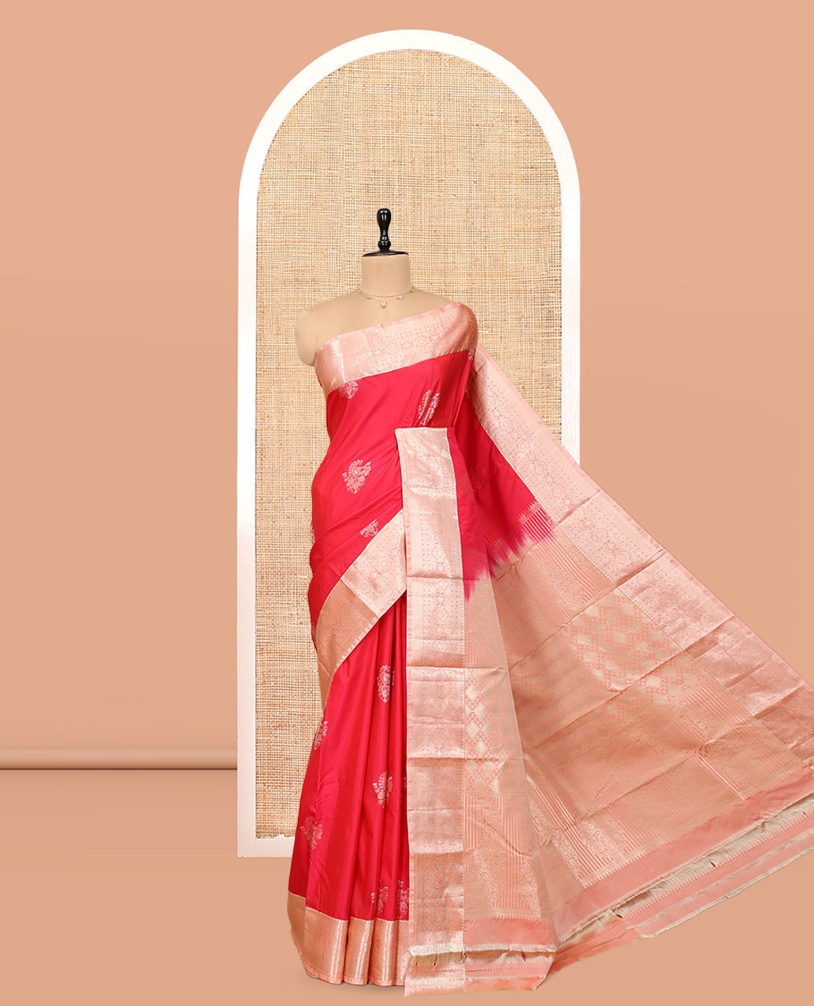 Red Budget Silk Saree, Spotlighted with Zari Buttas, Complemented by a Contrast Traditional Zari Border, Pallu of Jaal and Paisleys, and Contrast Blouse