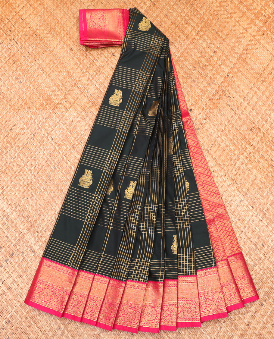 Green Budget Silk Saree, Richly Designed with Zari Butta Enclosed Checks On Its Body, Complemented by Contrast Traditional Zari Designs Woven Border, Grand Jaal Pallu and Paired with a Contrast Blouse