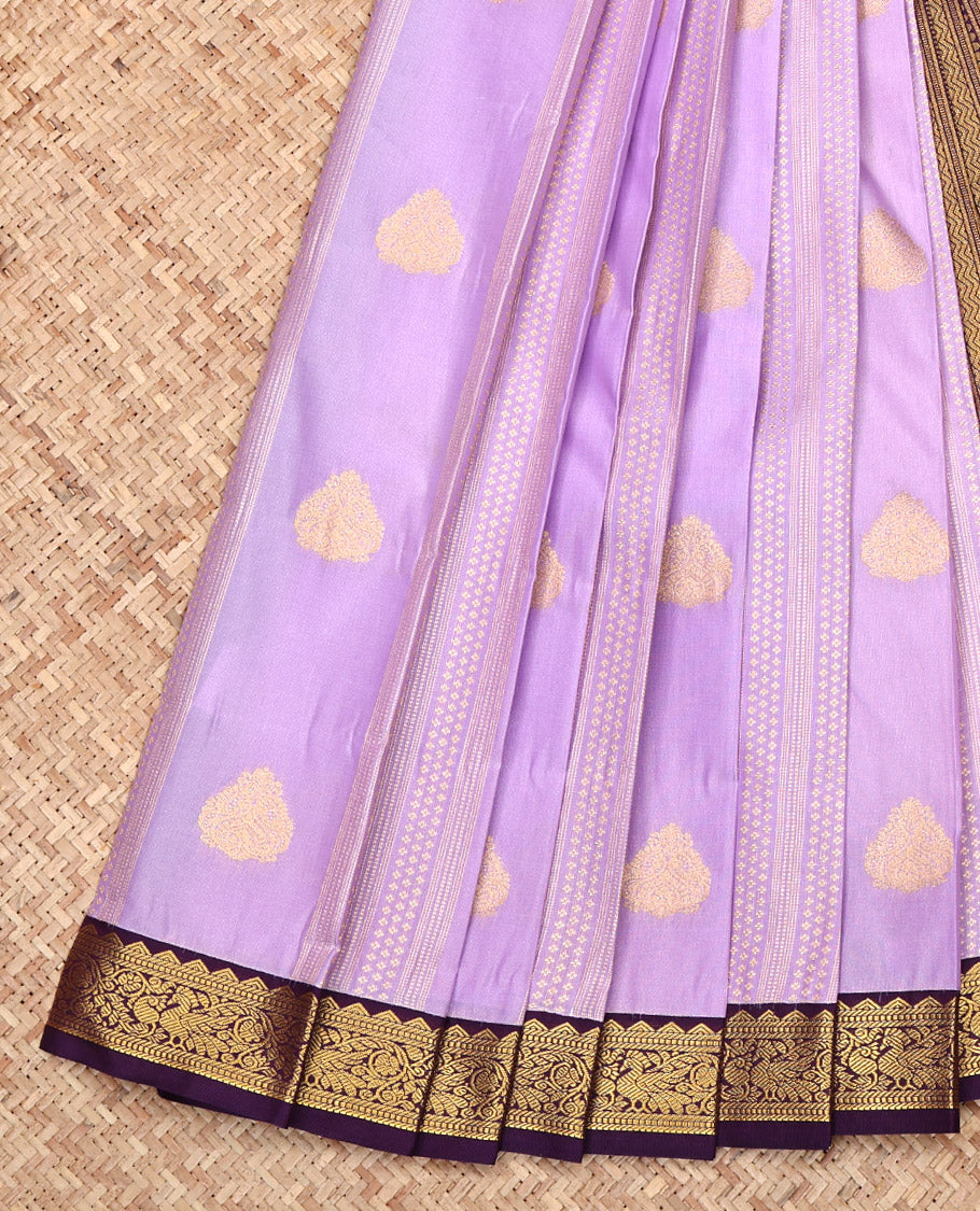 Lavender Budget Silk Saree, Gracefully Embellished with Zari Designs All Over Its Body, Complemented by a Contrast Traditional Zari Design Border, Geometric Patterned Pallu, and Paired with a Contrast Blouse