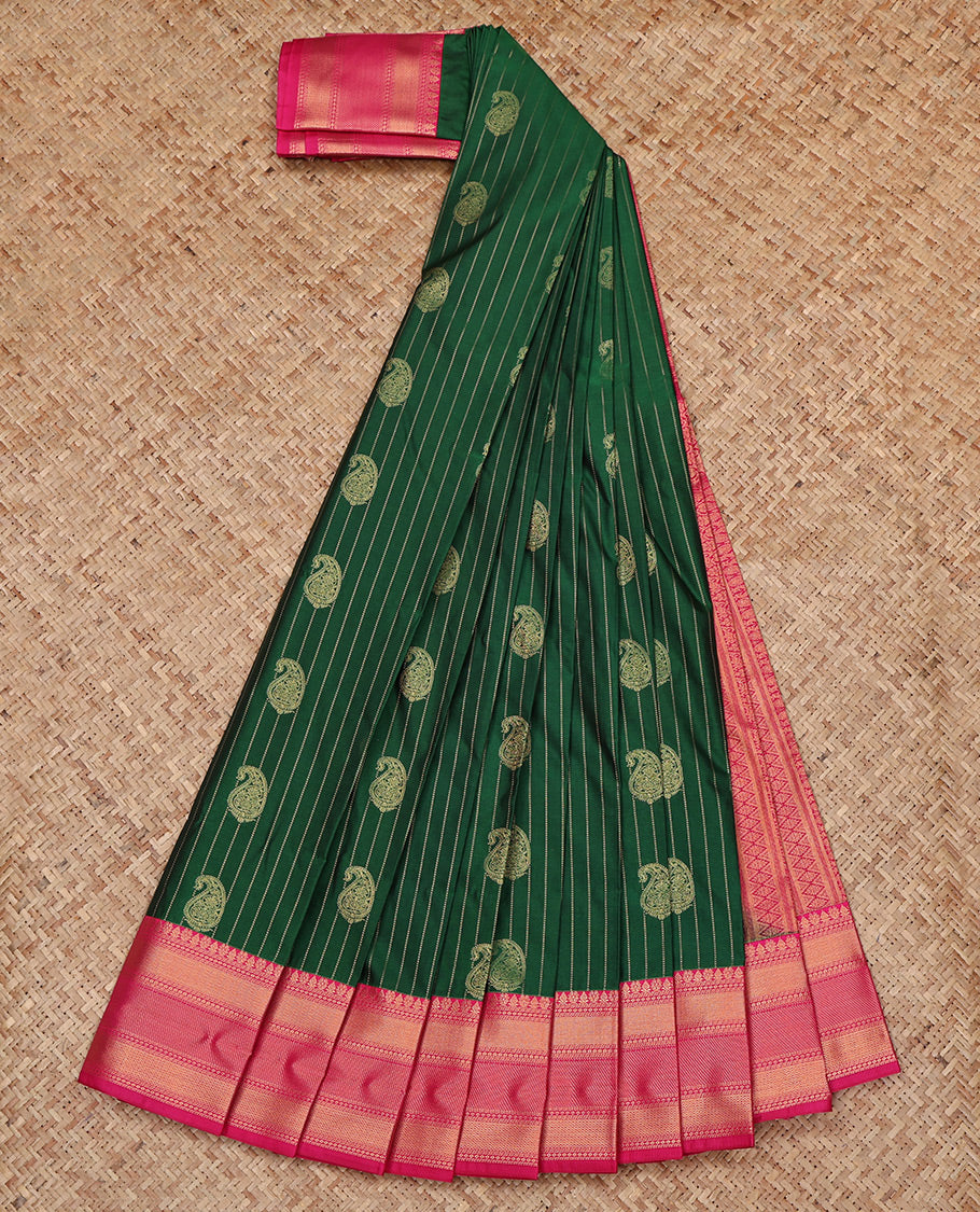Bottle Green Budget Silk Saree, Detailed with Paisley Buttas and Stripes All Over Its Body, Complemented by a Contrast Traditional Zari Border, Grand Pallu, and Paired with a Contrast Blouse