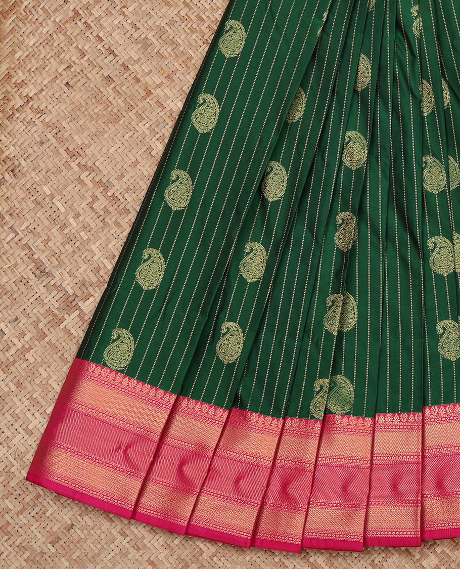 Bottle Green Budget Silk Saree, Detailed with Paisley Buttas and Stripes All Over Its Body, Complemented by a Contrast Traditional Zari Border, Grand Pallu, and Paired with a Contrast Blouse