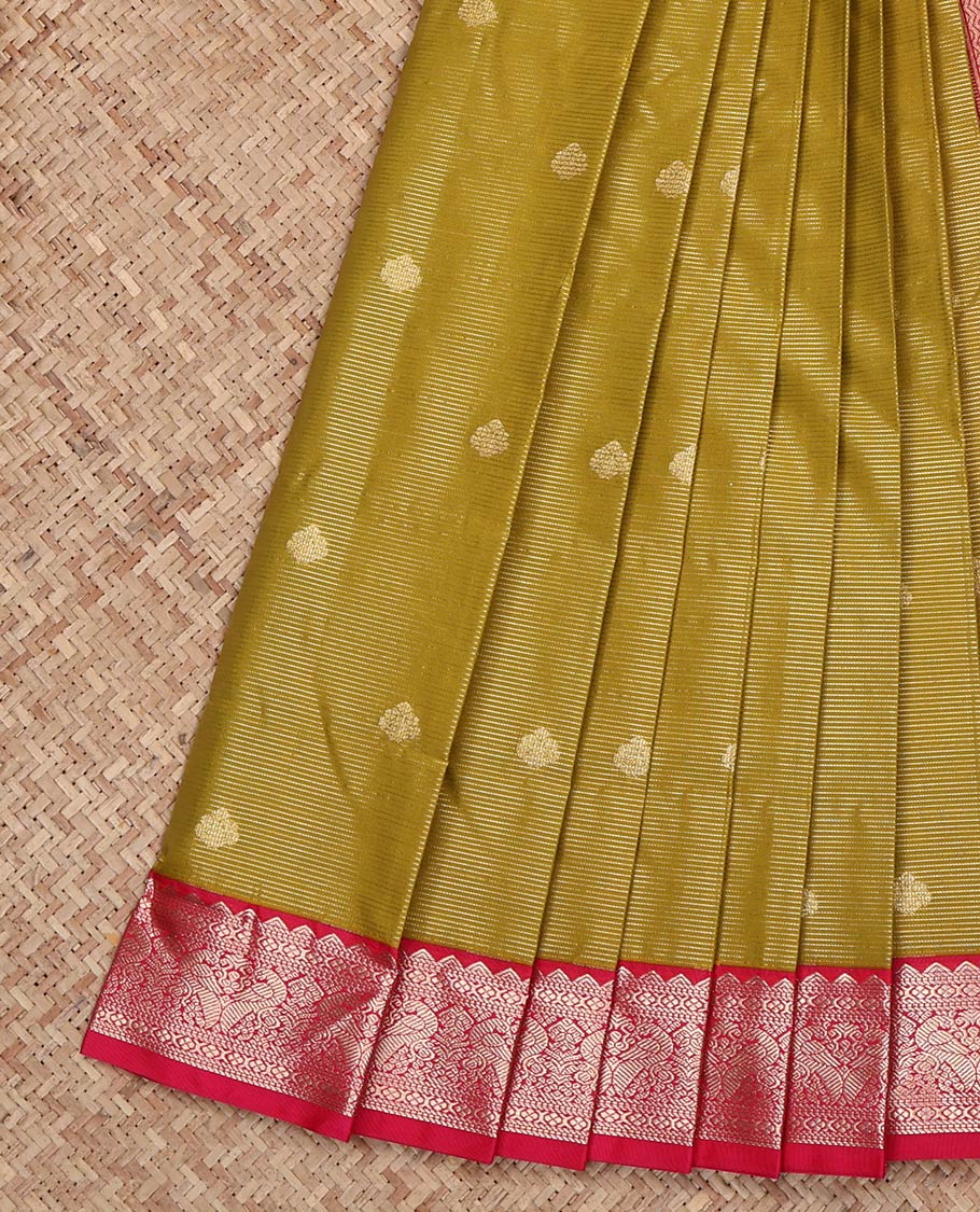 Green Budget Silk Saree, Embellished with Zari Buttas and Stripes on Its Body, Complemented by a Contrast Traditional Zari Design Border, Grand Geometric-Patterned Pallu, and Paired with a Contrast Blouse