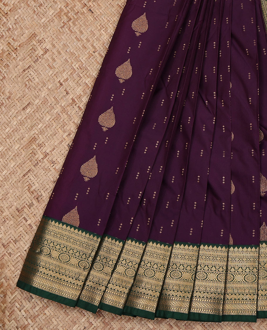 Purple Budget Silk Saree, Gleamed Up with Zari Buttas All Over Its Body, Complemented by a Contrast Traditional Zari Design Border, Grand Pallu, and Paired with a Contrast Blouse