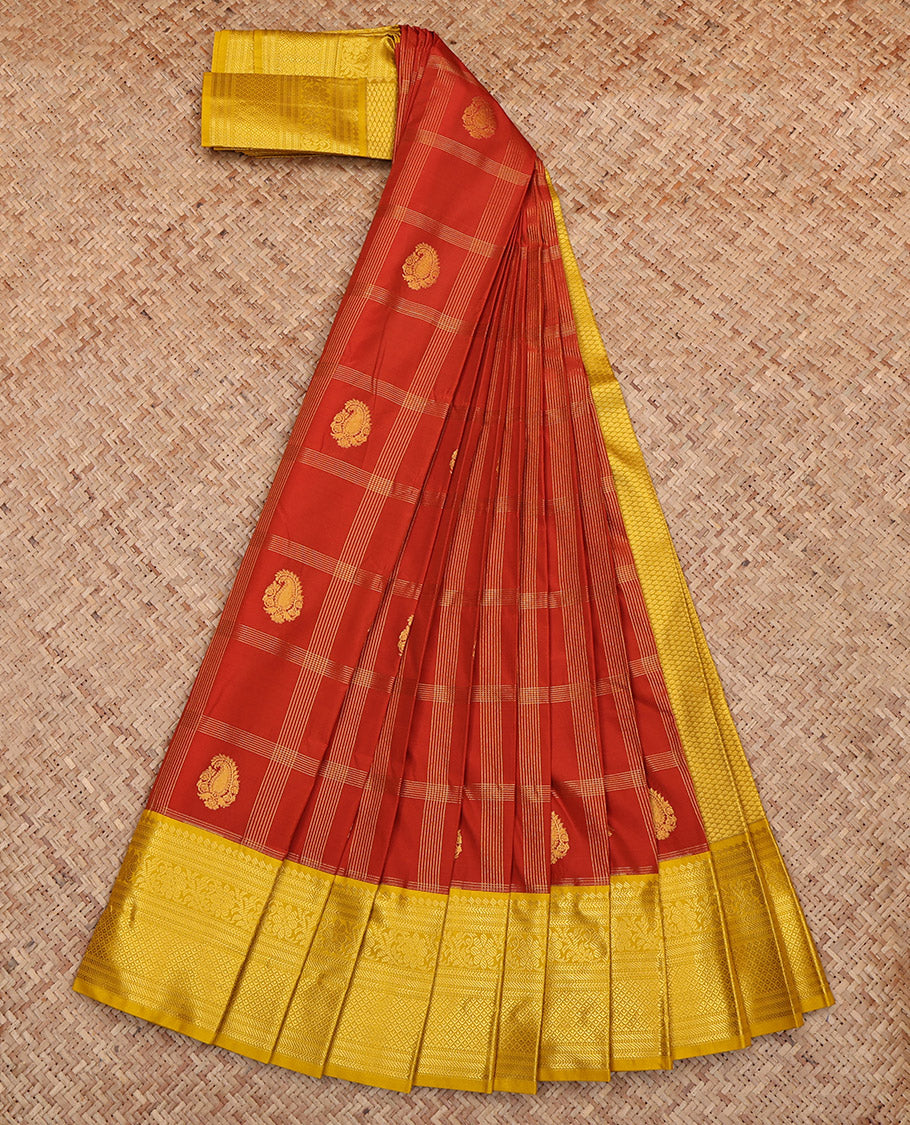 Rust Budget Silk Saree, Woven with Zari Butta Enclosed Checks, Complemented by Contrast Traditional Zari Border, Grand Pallu and a Contrast Blouse