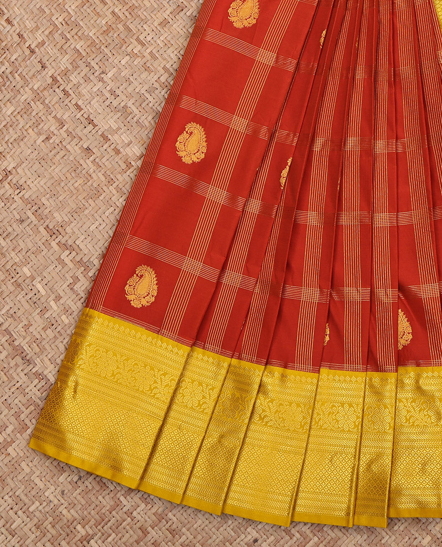 Rust Budget Silk Saree, Woven with Zari Butta Enclosed Checks, Complemented by Contrast Traditional Zari Border, Grand Pallu and a Contrast Blouse