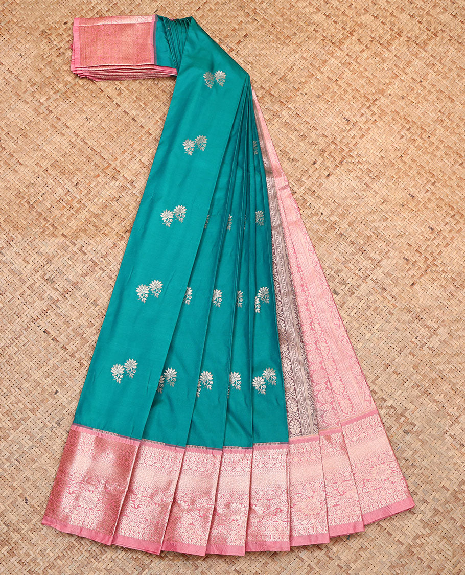 Green Budget Silk Saree, Gleamed Up with Zari Buttas, Complemented by a Contrast Traditional Zari Border, Intricately Designed Pallu, and a Contrast Blouse