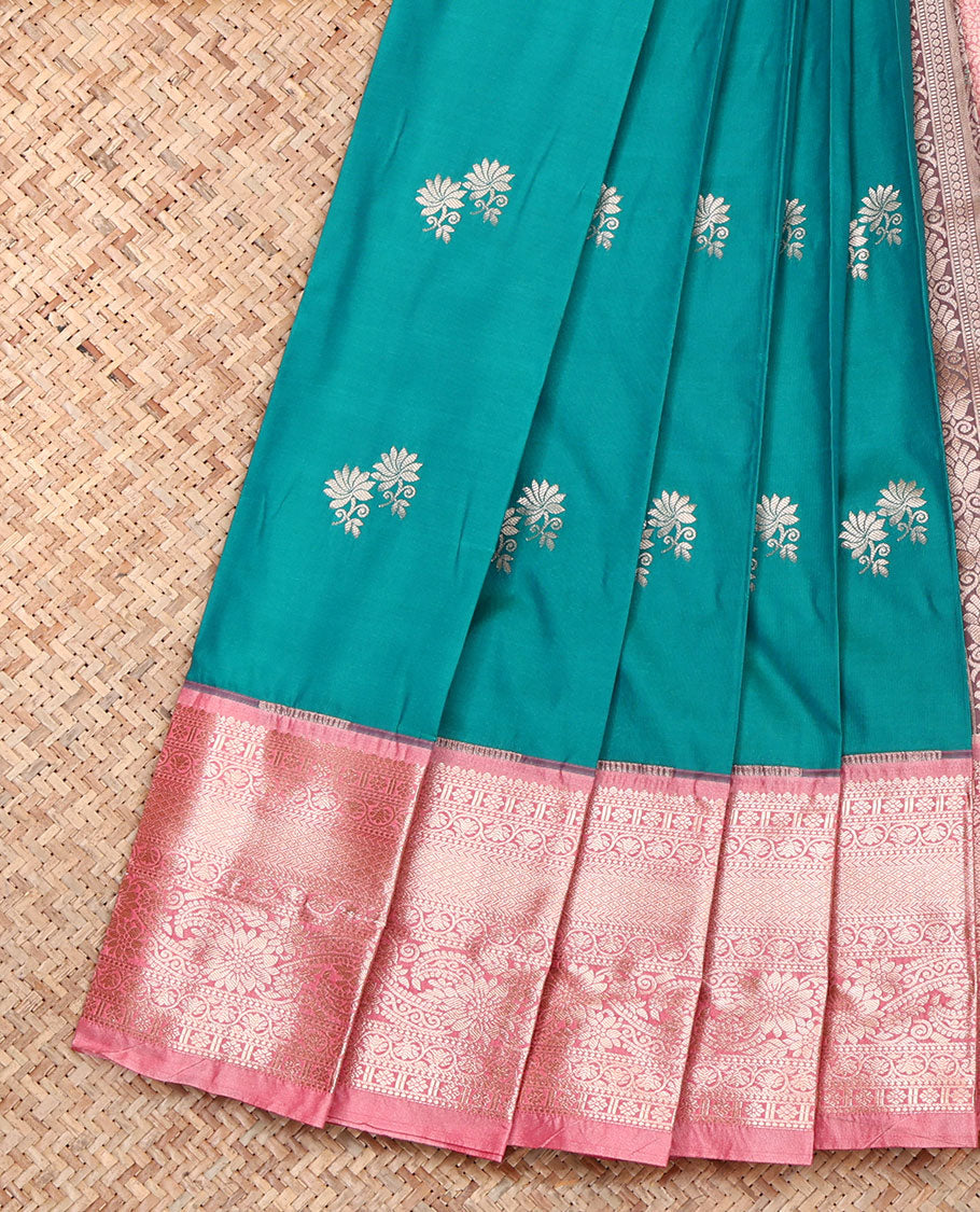 Green Budget Silk Saree, Gleamed Up with Zari Buttas, Complemented by a Contrast Traditional Zari Border, Intricately Designed Pallu, and a Contrast Blouse