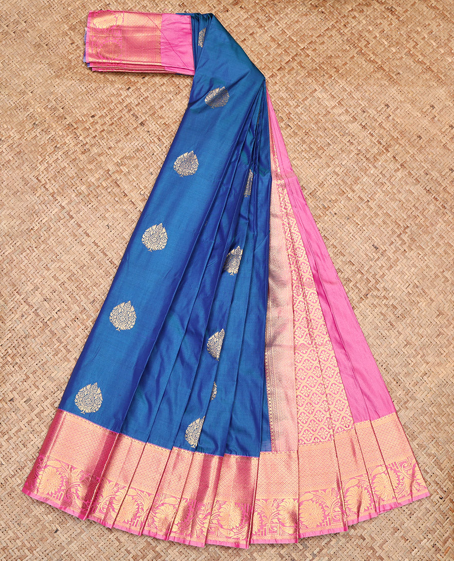 Blue Budget Silk Saree Features Zari Buttas, Contrast Traditional Zari Border, Jaal Pallu, and a Contrast Blouse