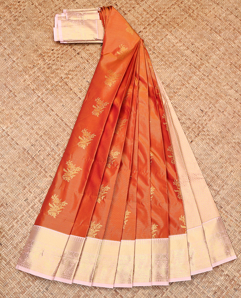 Orange Budget Silk Saree, Enriched with Zari Buttas and Checks, Complemented by Contrast Traditional Zari Border, Grand Pallu, and a Contrast Blouse