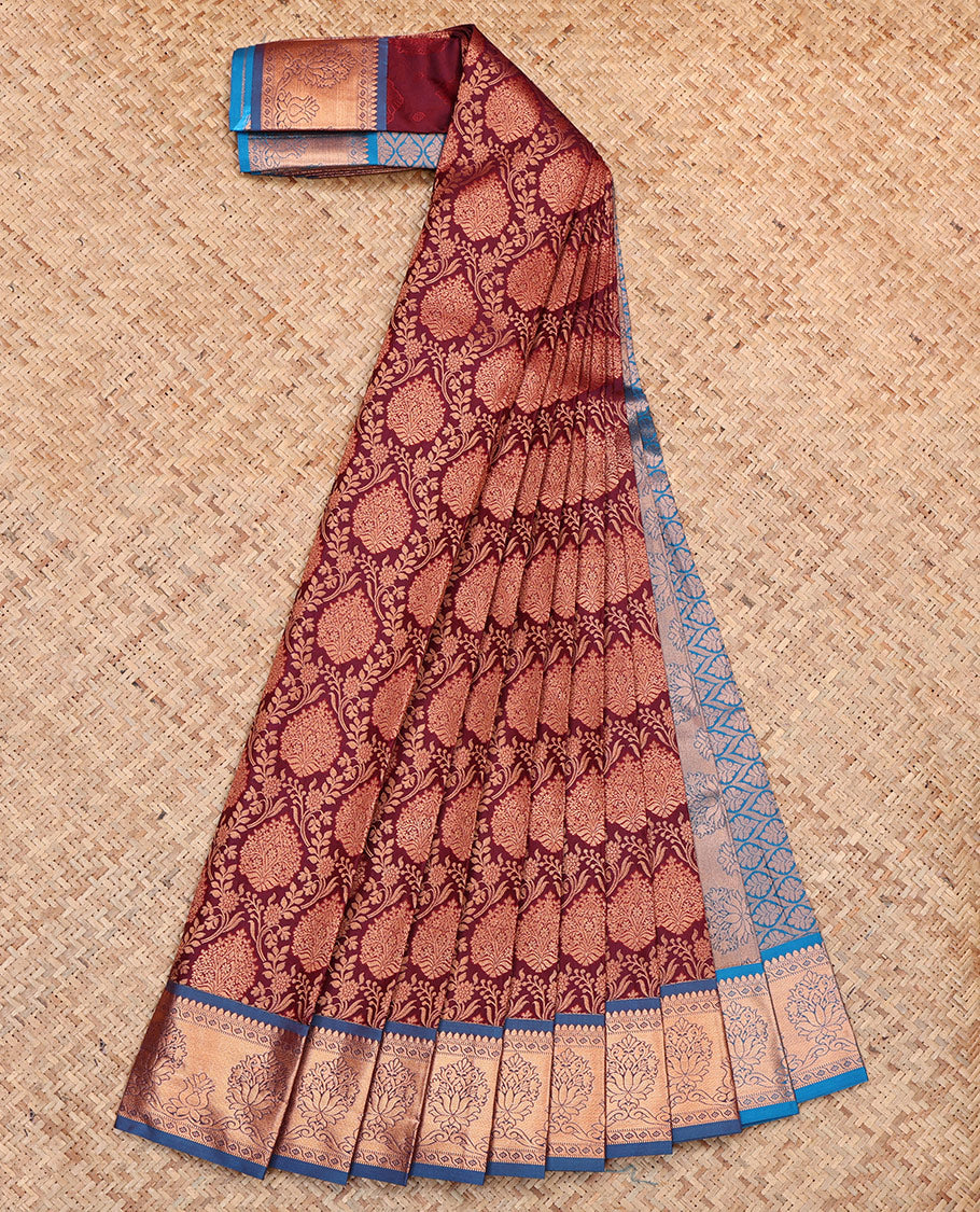 Maroon Budget Silk Saree, Majestically Detailed with Jacquard, Complemented by Contrast Traditional Zari Border, Grand Pallu, and a Contrast Blouse
