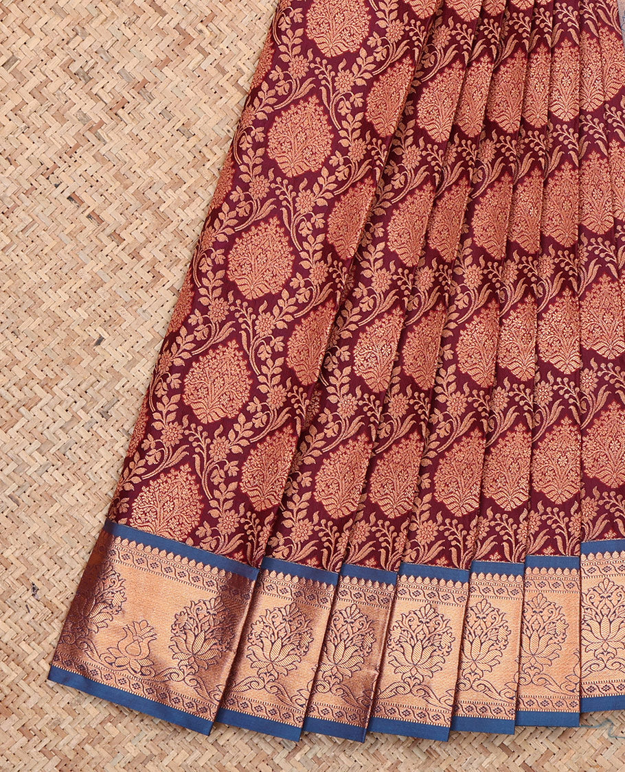 Maroon Budget Silk Saree, Majestically Detailed with Jacquard, Complemented by Contrast Traditional Zari Border, Grand Pallu, and a Contrast Blouse
