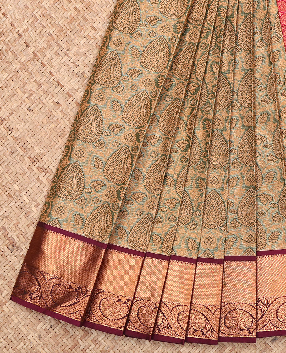 Green Budget Silk Saree, Detailed with Jacquard, a Contrast Traditional Zari Border, Jaal Pallu, and a Contrast Blouse