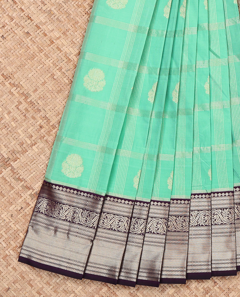 Green Budget Silk Saree, Finely Crafted with Zari Butta Enclosed Checks, Complemented by a Contrast Traditional Zari Border, Jaal Pallu, and a Contrast Blouse