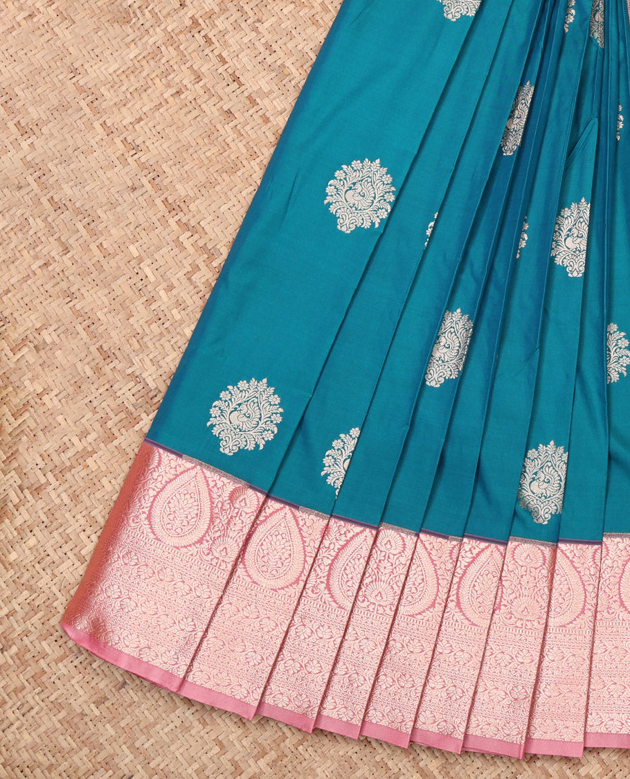 Blue Budget Silk Saree, Decked Up with Zari Buttas, Complemented by a Contrast Traditional Zari Border, Grand Pallu, and Contrast Blouse