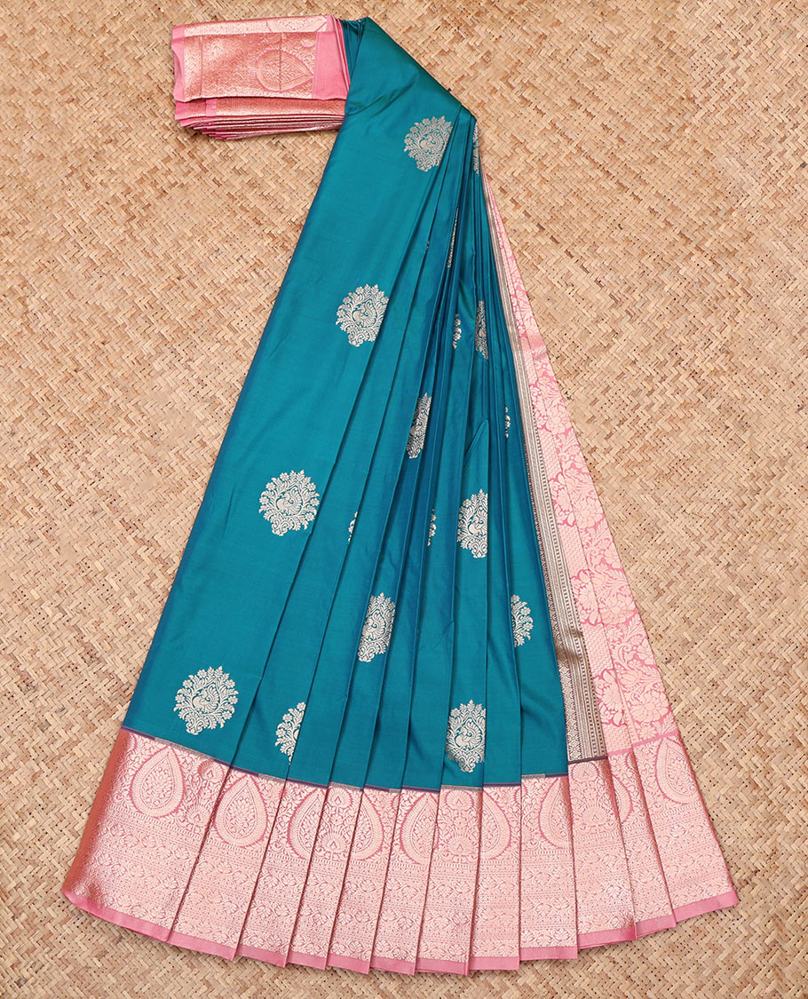 Blue Budget Silk Saree, Decked Up with Zari Buttas, Complemented by a Contrast Traditional Zari Border, Grand Pallu, and Contrast Blouse