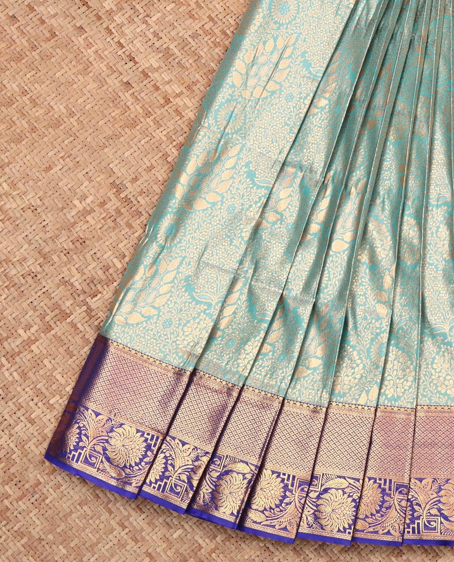 Blue Budget Silk Saree Showcasing Jacquard, Complemented by a Contrast Traditional Zari Border, Jaal Pallu, and a Contrast Blouse
