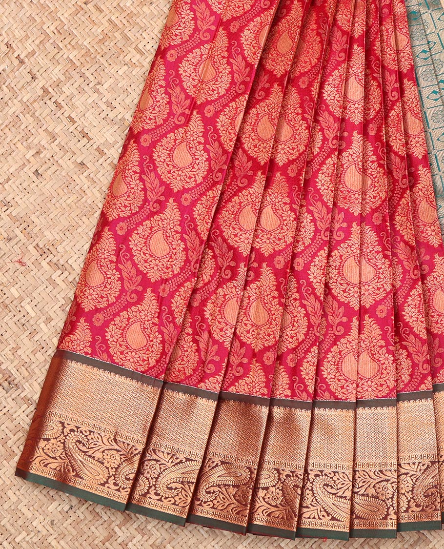 Red Budget Silk Saree, Woven with Jacquard Design, Complemented by a Contrast Traditional Zari Border, Intricate Pallu, and a Contrast Blouse