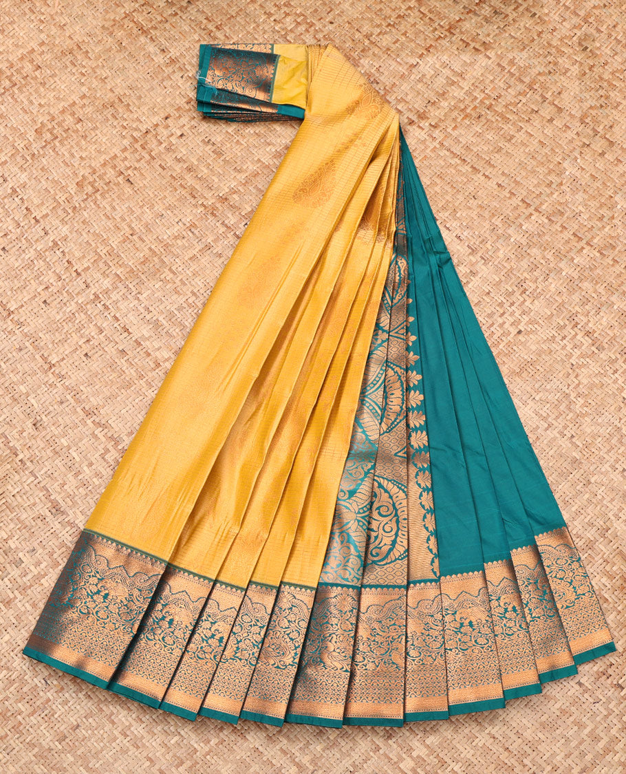 Yellow Budget Silk Saree, Sparsely Woven with Zari Buttas and Checks, Complemented by a Contrast Traditional Border, Intricate Pallu, and Contrast Blouse