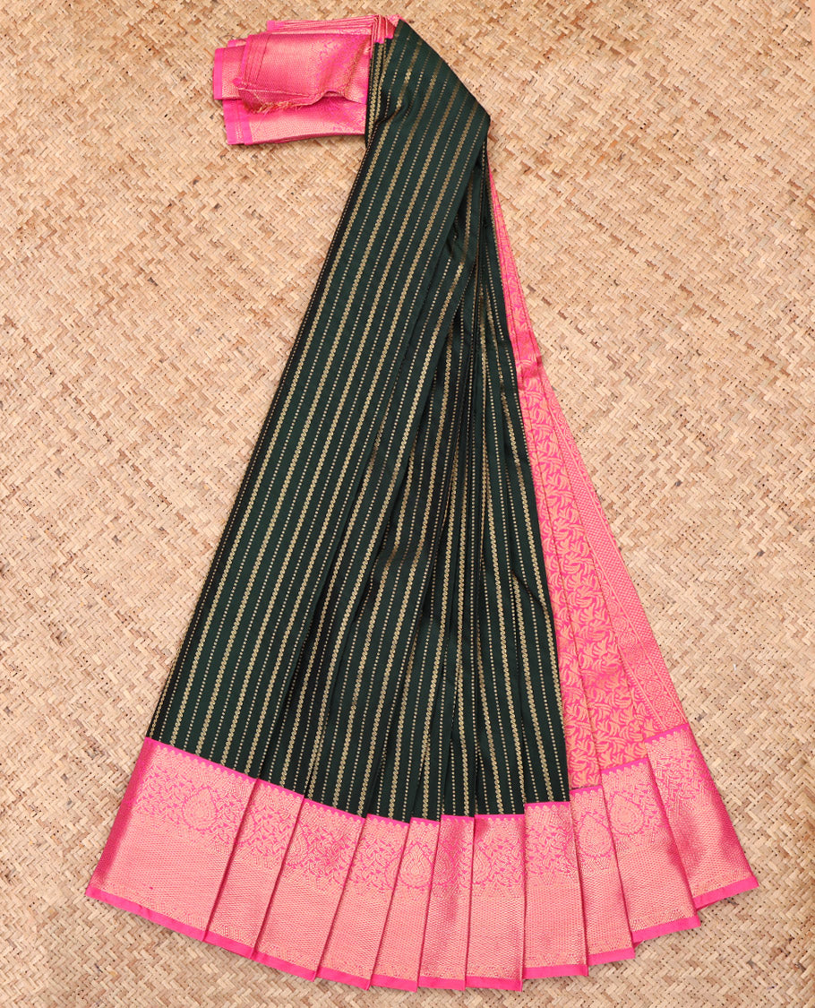 Green Budget Silk Saree, Gracefully Embellished with Zari Stripes, Complemented by a Contrast Traditional Zari Border, Grand Pallu, and a Contrast Blouse