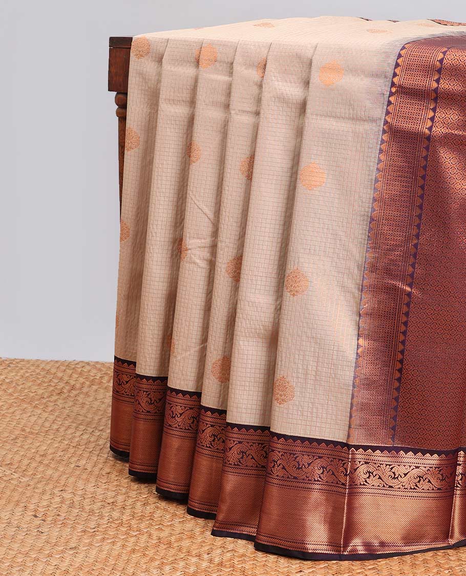Grey checked, floral design gift saree with contrast zari design border & intricate zari design pallu