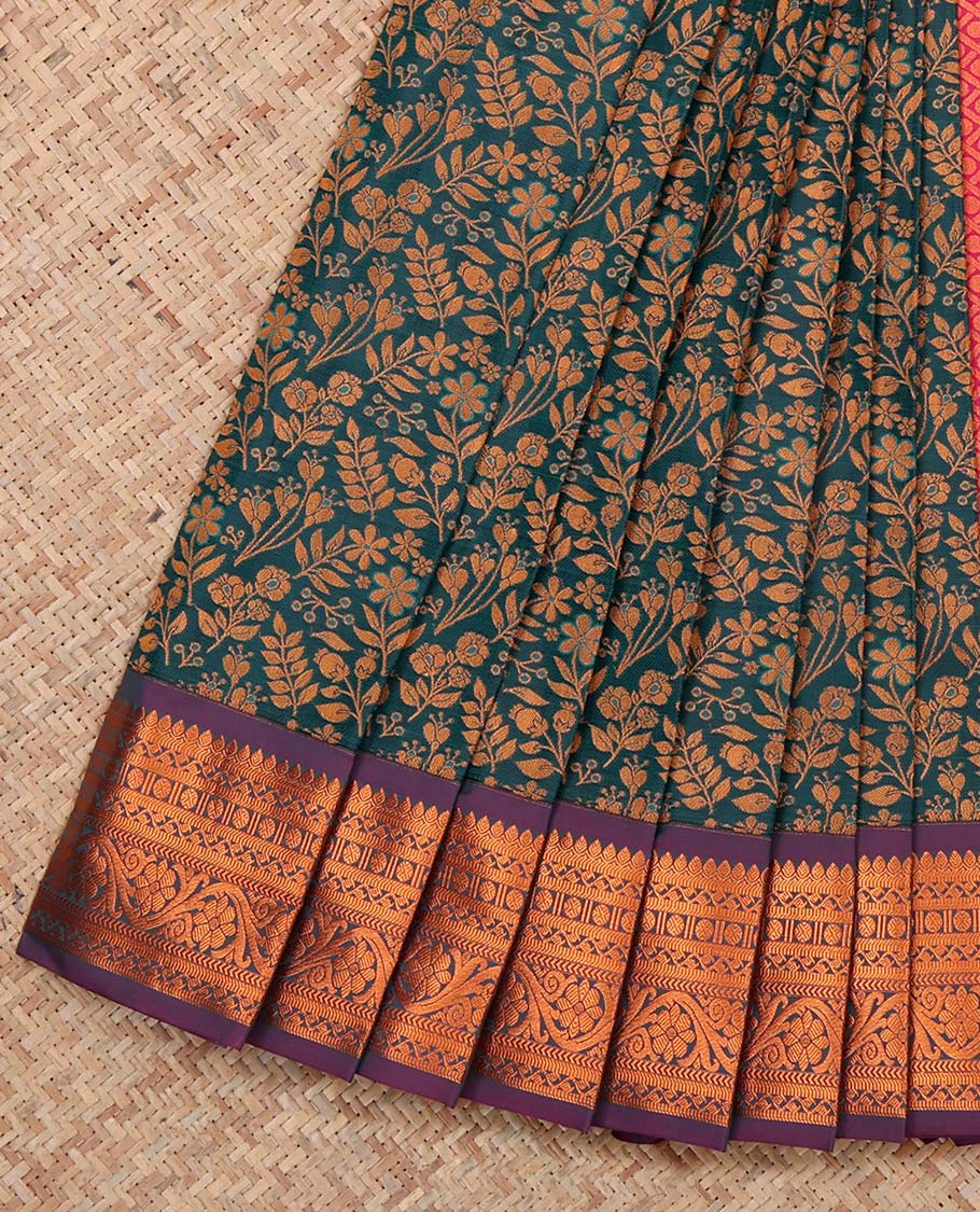 Peacock Blue Budget Silk Saree, Detailed with Floral Vine Design, Complemented by Contrast Traditional Zari Border, a Jaal Pallu and a Contrast Blouse