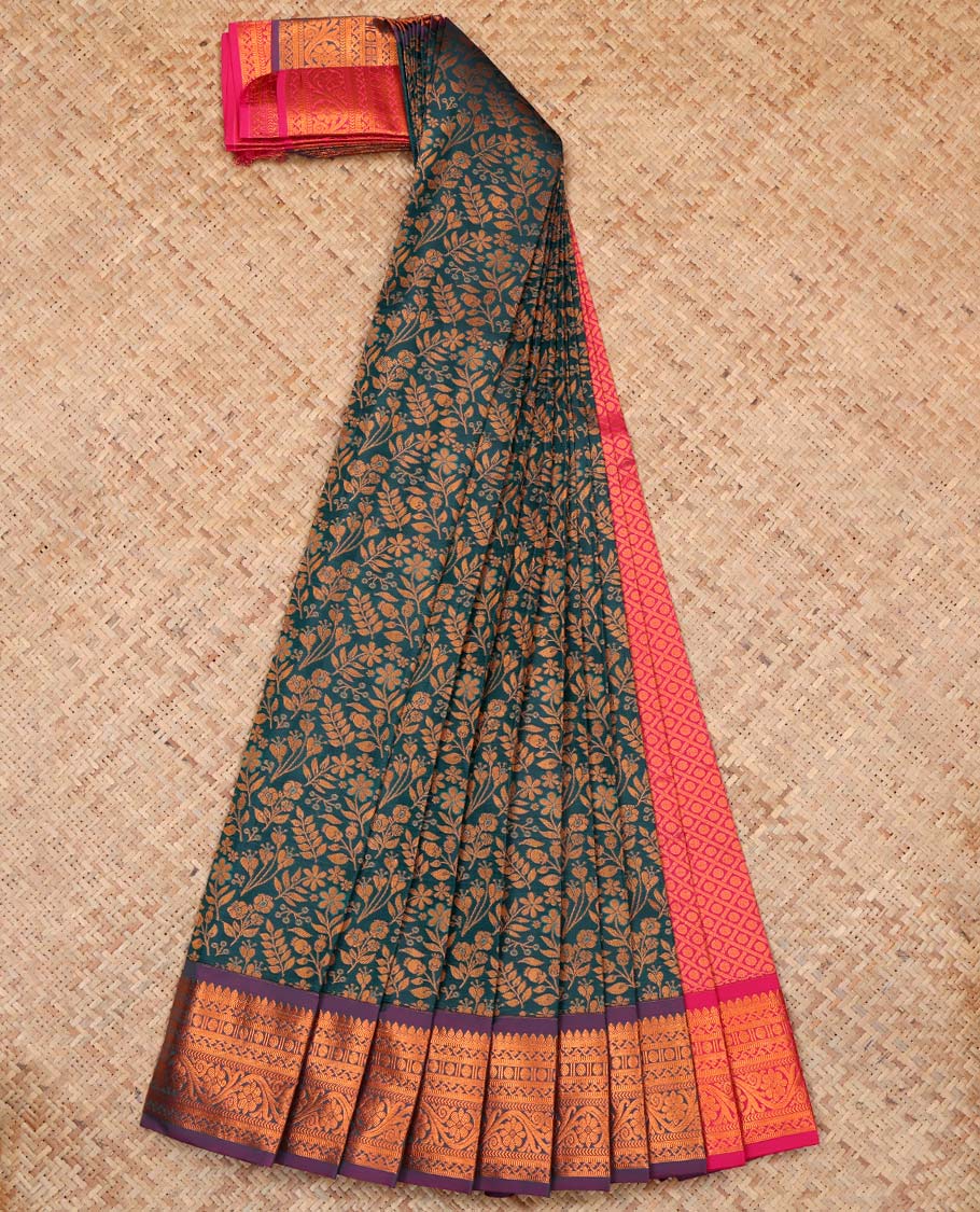 Peacock Blue Budget Silk Saree, Detailed with Floral Vine Design, Complemented by Contrast Traditional Zari Border, a Jaal Pallu and a Contrast Blouse