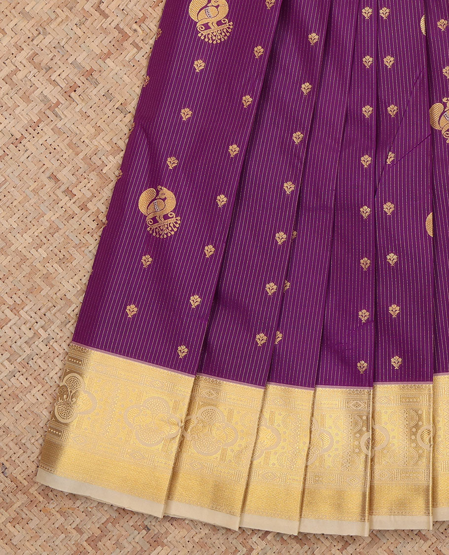Purple Budget Silk Saree, Decorated with Stripes and Peacock Buttas, a Contrast Traditional Elephant Zari Border, a Grand Pallu and a Contrast Blouse