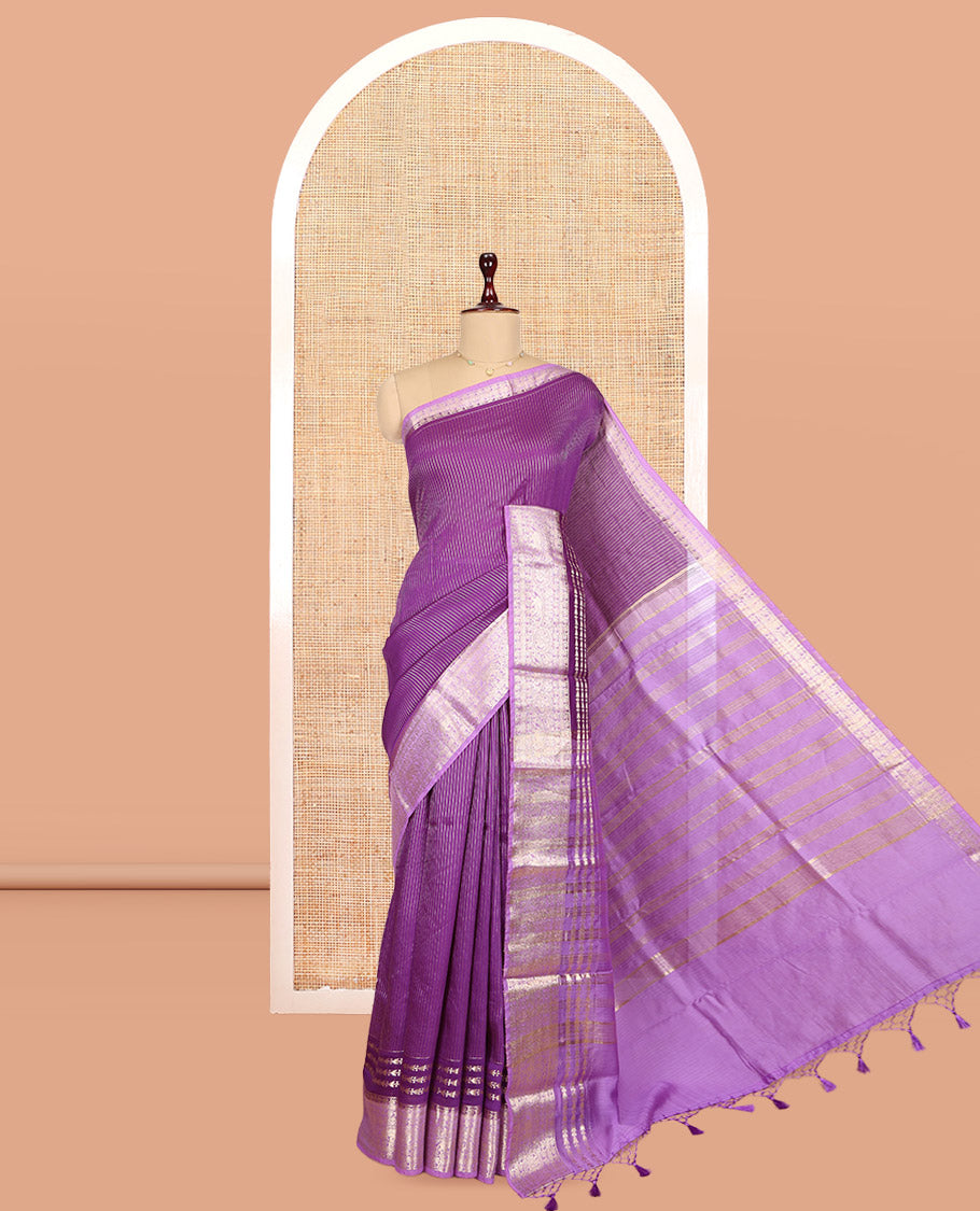 Purple Assam Silk Saree, Detailed with Zari Stripes, Complemented by Contrast Traditional Zari Border, Zari Woven Pallu, and Contrast Blouse