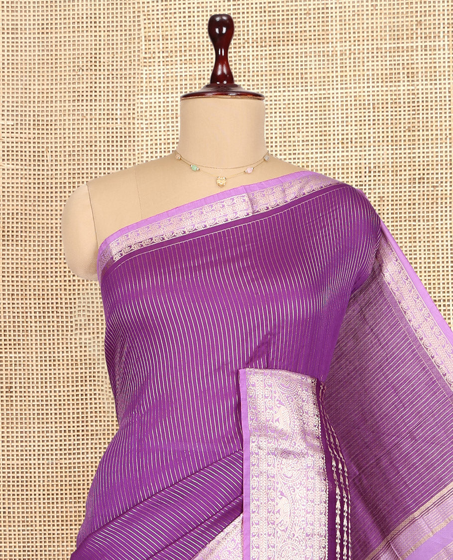 Purple Assam Silk Saree, Detailed with Zari Stripes, Complemented by Contrast Traditional Zari Border, Zari Woven Pallu, and Contrast Blouse