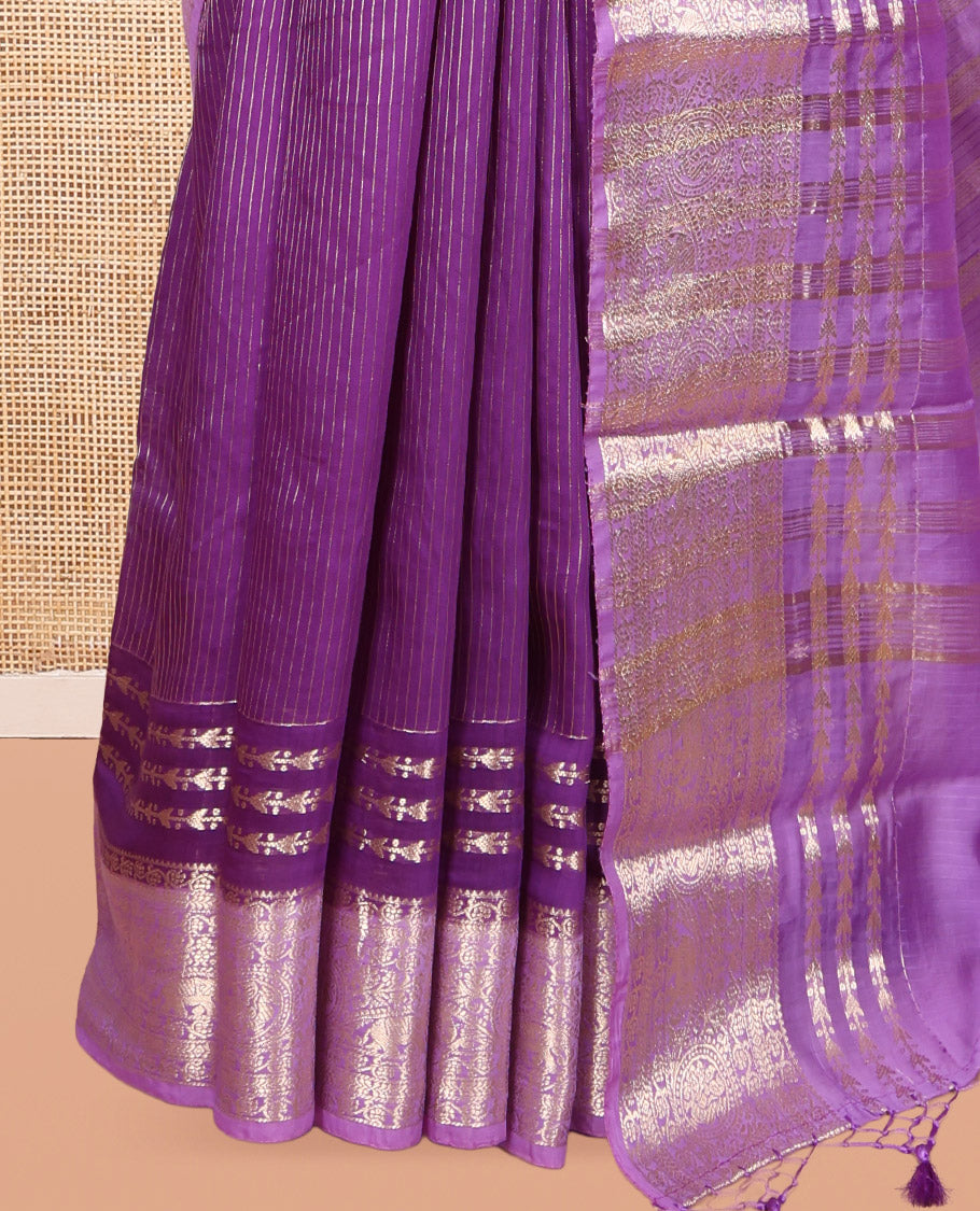 Purple Assam Silk Saree, Detailed with Zari Stripes, Complemented by Contrast Traditional Zari Border, Zari Woven Pallu, and Contrast Blouse