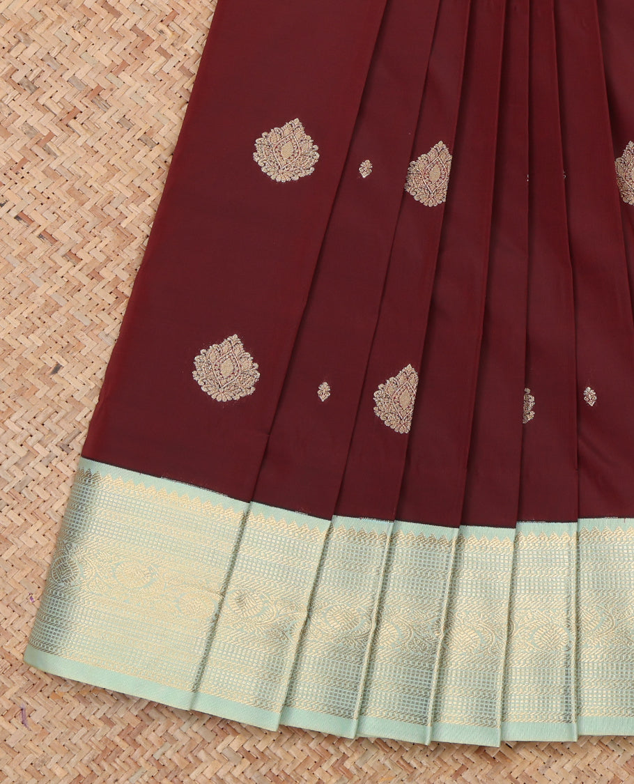 Maroon Budget Silk Saree, Delicately Woven with Zari Buttas, a Contrast Traditional Zari Border, Grand Pallu, and a Contrast Blouse