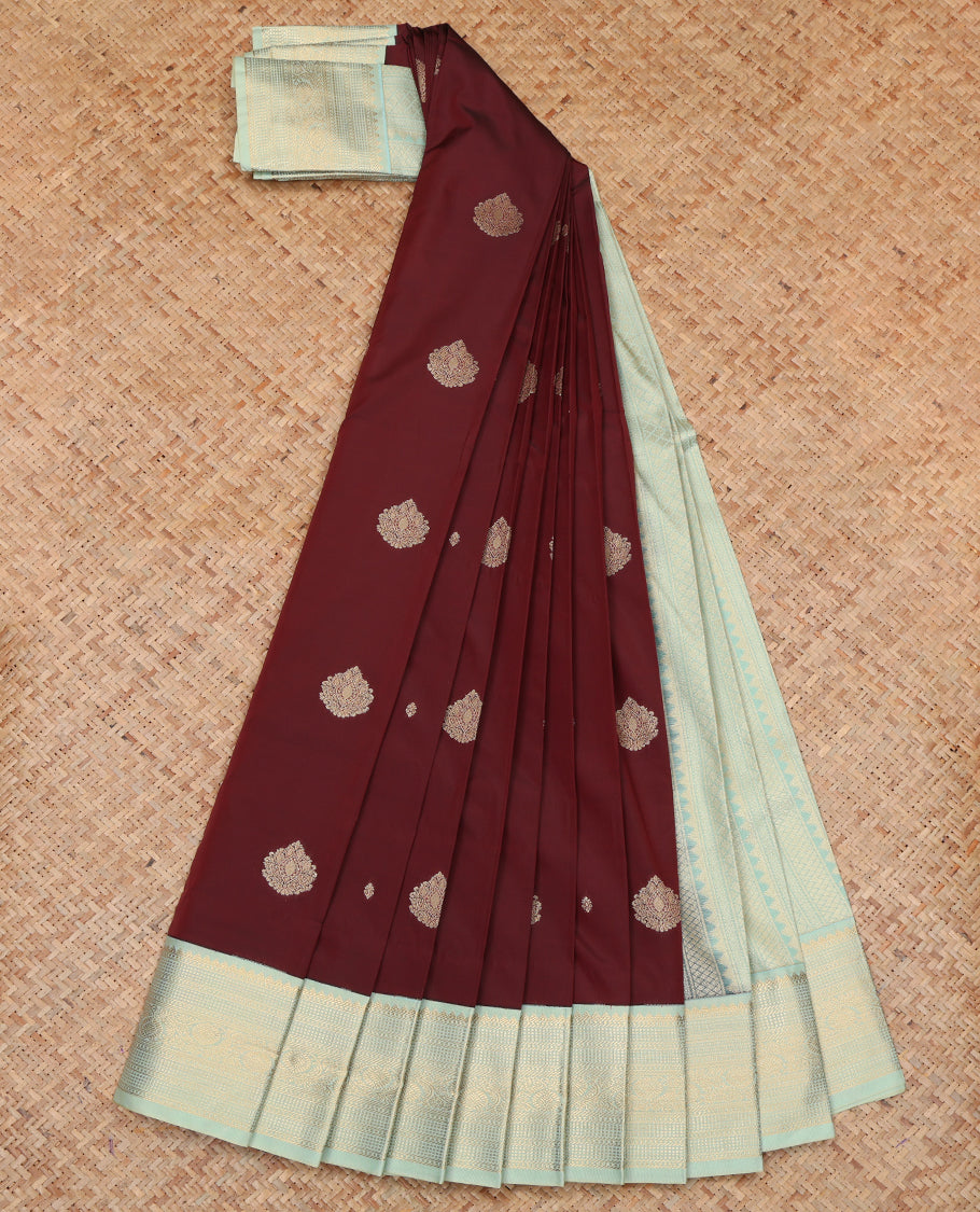 Maroon Budget Silk Saree, Delicately Woven with Zari Buttas, a Contrast Traditional Zari Border, Grand Pallu, and a Contrast Blouse