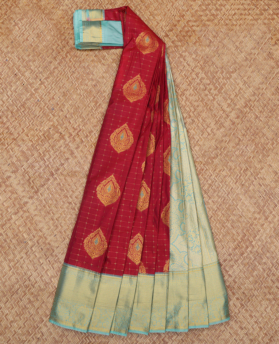 Red Budget Silk Saree, Elevated with Zari Buttas and Checks, Complemented by a Contrast Traditional Zari Border, Grand Pallu, and Contrast Blouse