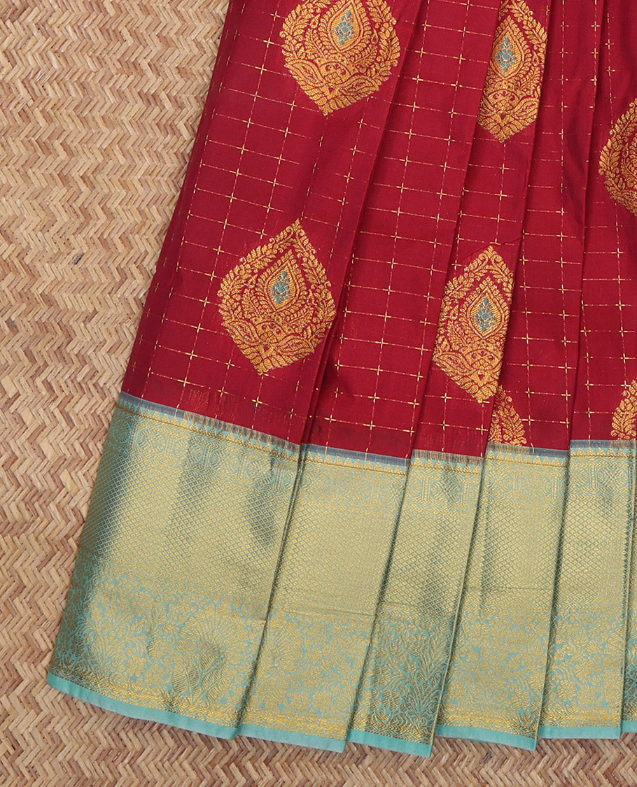 Red Budget Silk Saree, Elevated with Zari Buttas and Checks, Complemented by a Contrast Traditional Zari Border, Grand Pallu, and Contrast Blouse