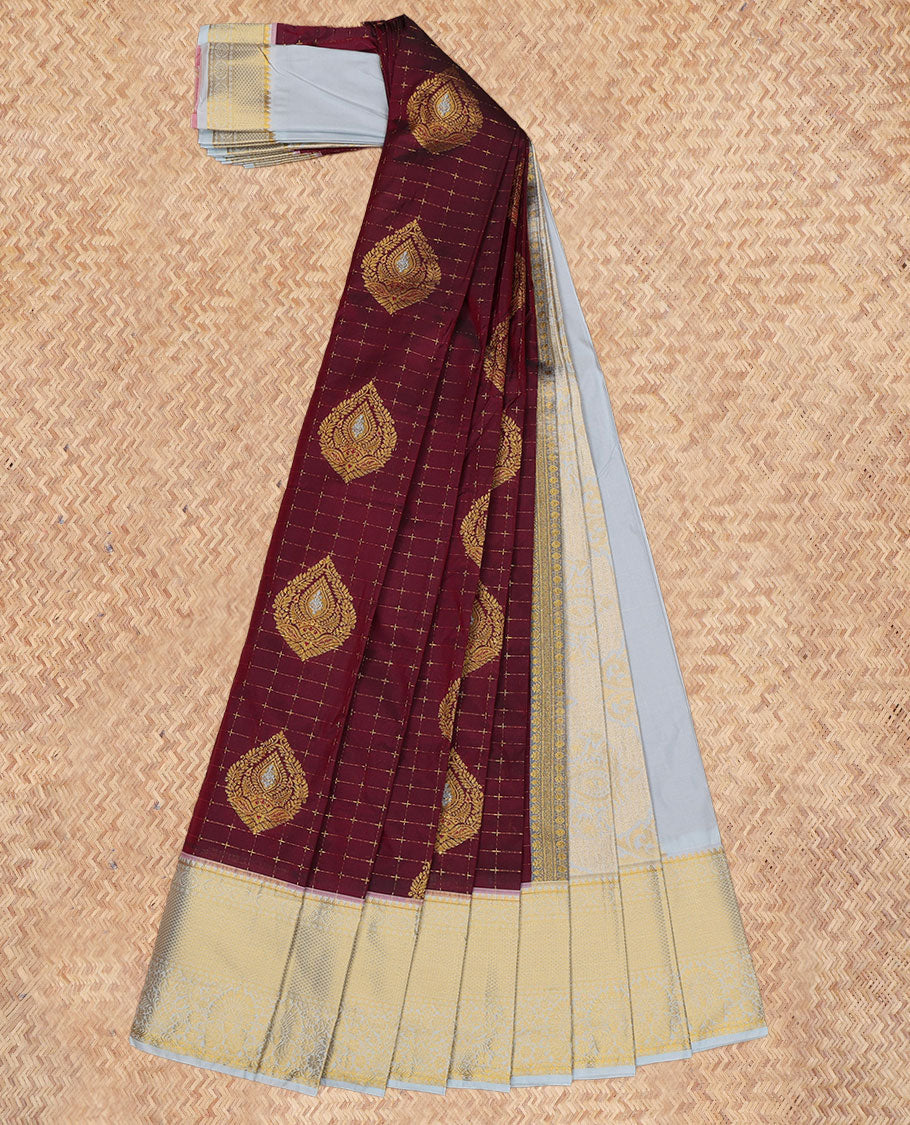 Maroon Budget Silk Saree, Adorned with Zari Buttas and Checks, a Contrast Traditional Zari Border, Grand Pallu, and a Contrast Blouse