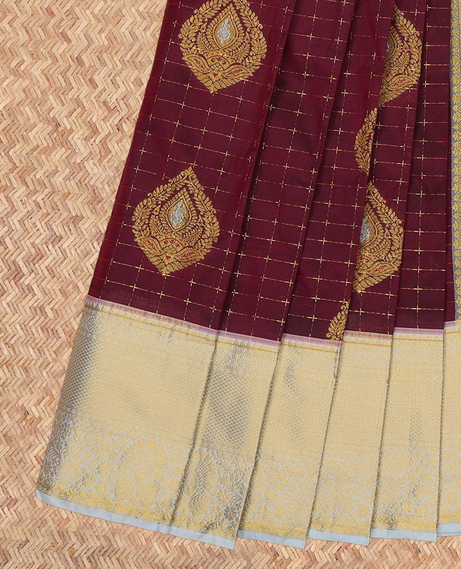 Maroon Budget Silk Saree, Adorned with Zari Buttas and Checks, a Contrast Traditional Zari Border, Grand Pallu, and a Contrast Blouse