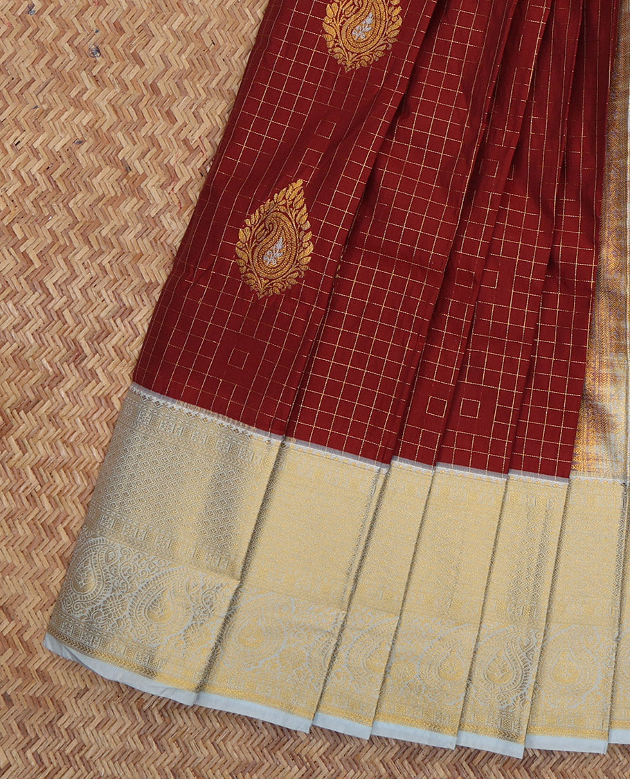 Maroon Budget Silk Saree, Detailed with Zari Buttas and Checks, a Contrast Traditional Zari Border, Grand Pallu, and a Contrast Blouse
