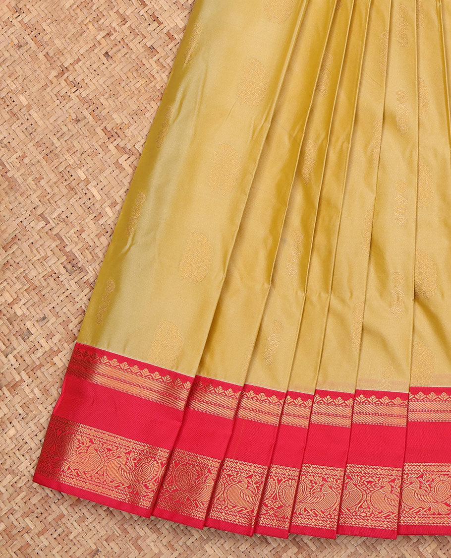 Yellow Budget Silk Saree, Sparsely Woven with Zari Buttas, a Contrast Traditional Rettai Pettu Border, Intricate Pallu, and a Contrast Blouse