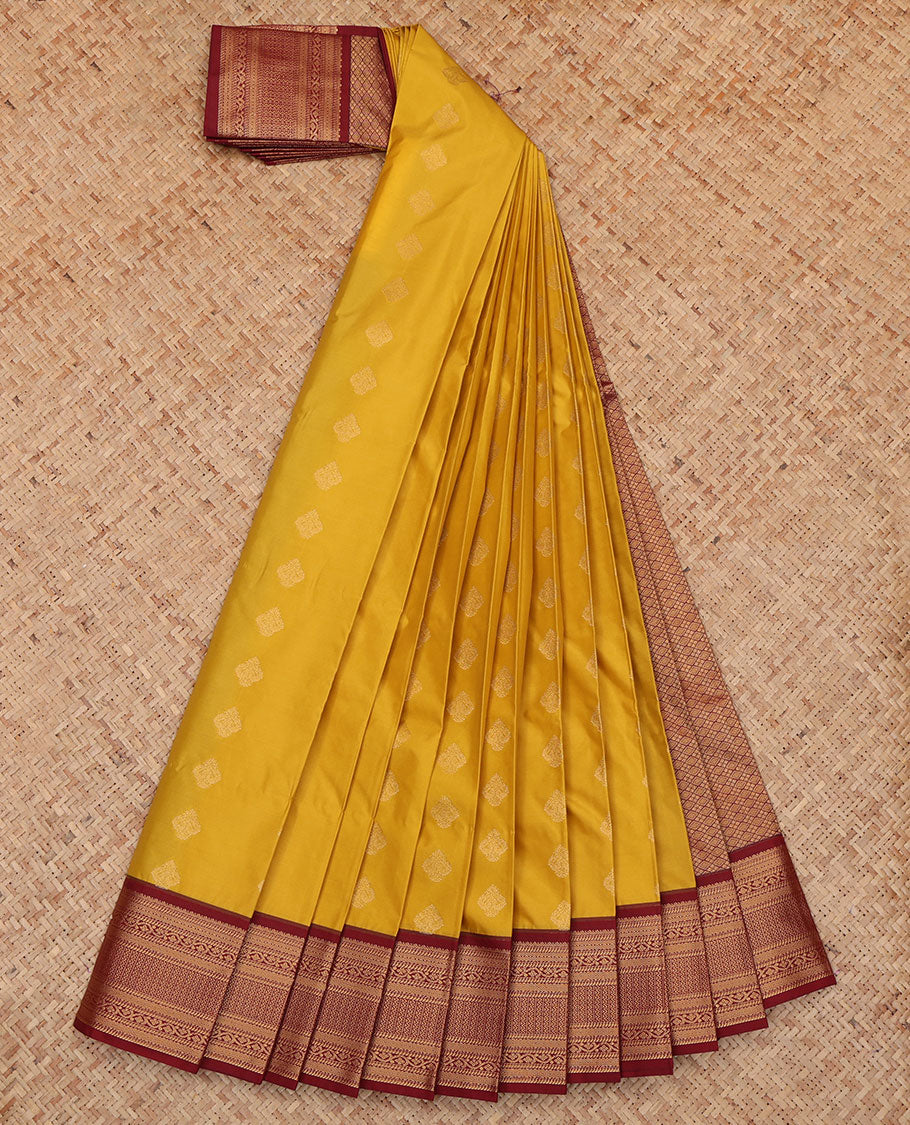 Yellow Budget Silk Saree Featuring Zari Buttas, a Contrast Traditional Zari Border, Jaal Pallu, and a Contrast Blouse