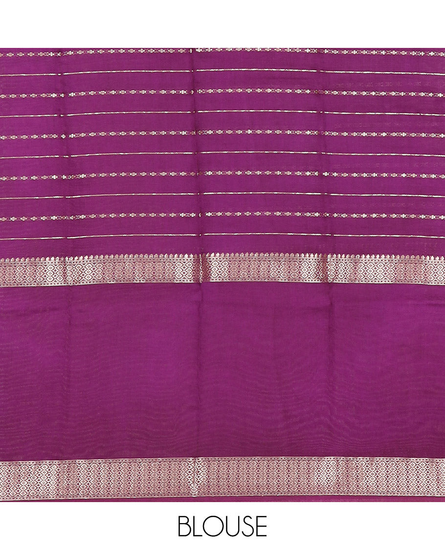 Purple zari design woven Assam silk saree, contrast double-sided big border of traditional zari designs, and zari striped pallu
