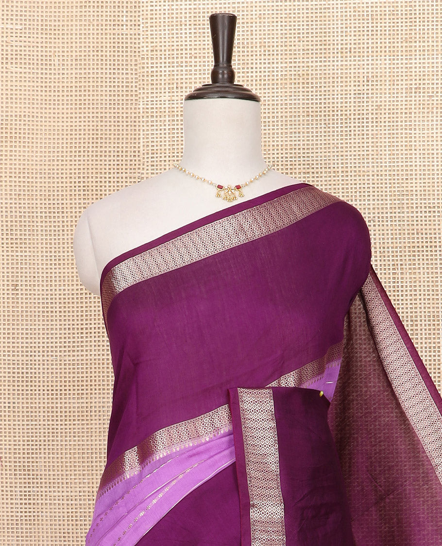 Purple zari design woven Assam silk saree, contrast double-sided big border of traditional zari designs, and zari striped pallu