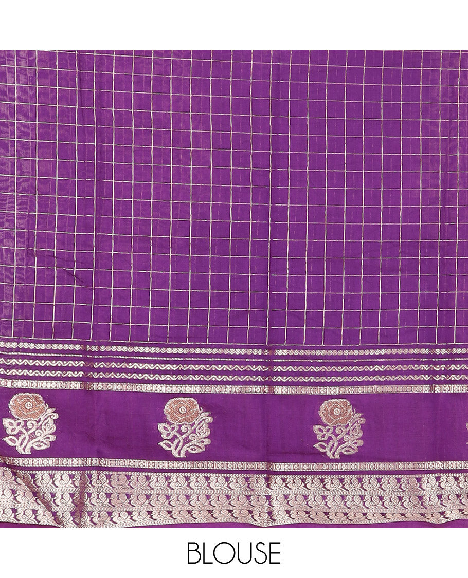 Yellow Assam Silk Saree Enriched with Zari Checks, Complemented by Contrast Zari Border of Peacock and Floral Zari Designs, a Delicately Woven Pallu of Zari Stripes, and Paired with a Contrast Blouse