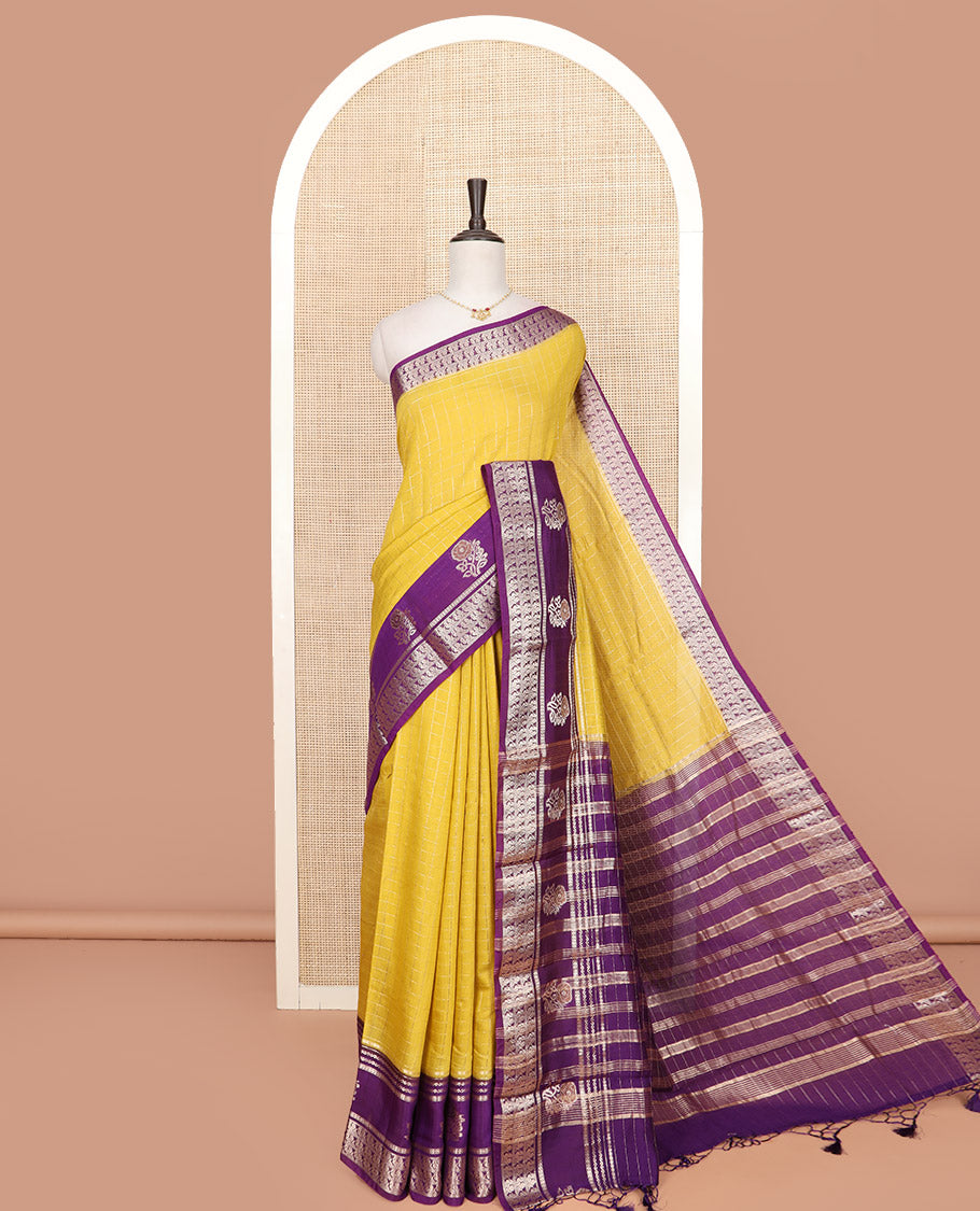 Yellow Assam Silk Saree Enriched with Zari Checks, Complemented by Contrast Zari Border of Peacock and Floral Zari Designs, a Delicately Woven Pallu of Zari Stripes, and Paired with a Contrast Blouse