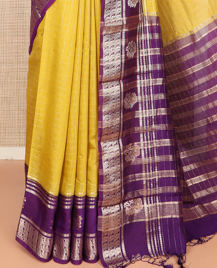 Yellow Assam Silk Saree Enriched with Zari Checks, Complemented by Contrast Zari Border of Peacock and Floral Zari Designs, a Delicately Woven Pallu of Zari Stripes, and Paired with a Contrast Blouse