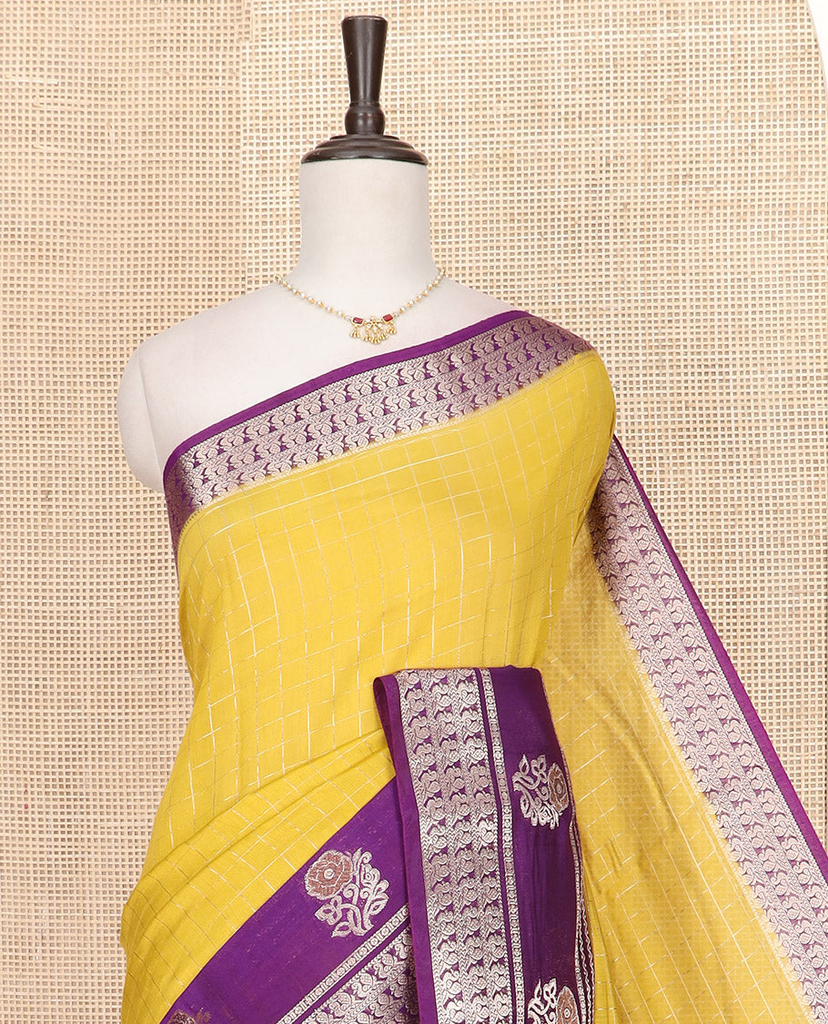 Yellow Assam Silk Saree Enriched with Zari Checks, Complemented by Contrast Zari Border of Peacock and Floral Zari Designs, a Delicately Woven Pallu of Zari Stripes, and Paired with a Contrast Blouse